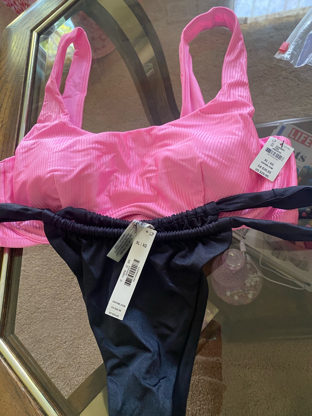 Pink Ribbed Bikini Top with Black High-Cut Bottoms